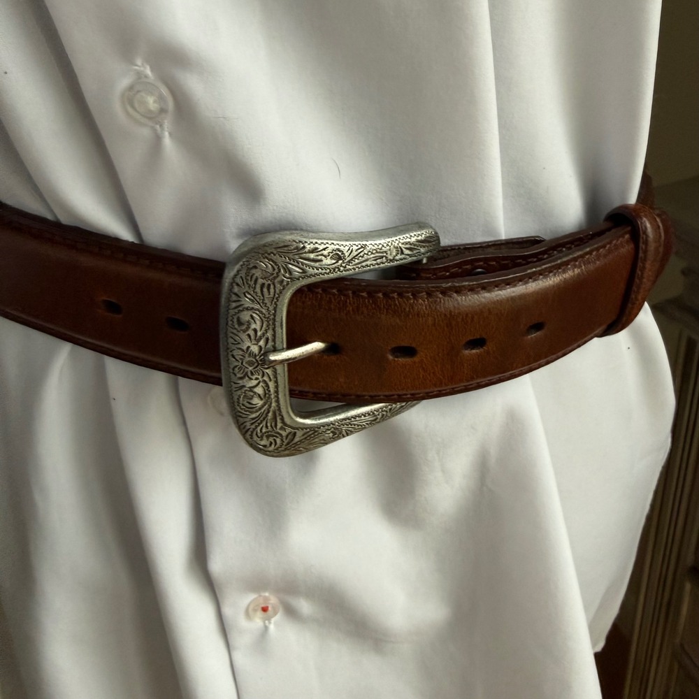 Vintage Wrangler Genuine Leather Western Belt Brown Braided Tooled Size 34 USA